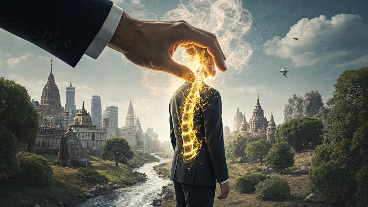 A commuter&#039;s rigid posture dissolves into light and ancient oil hands, symbolizing deep transformation.