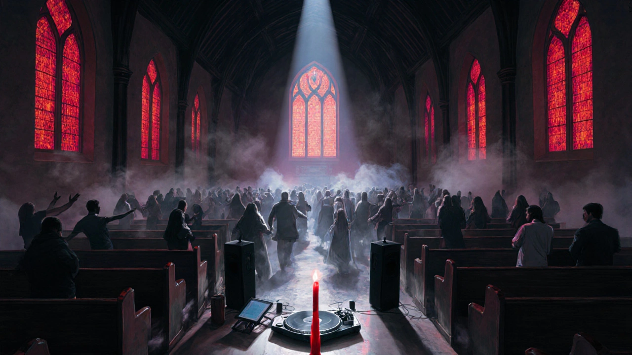 A converted church turned techno temple, stained glass glowing red as people dance under a single spotlight.