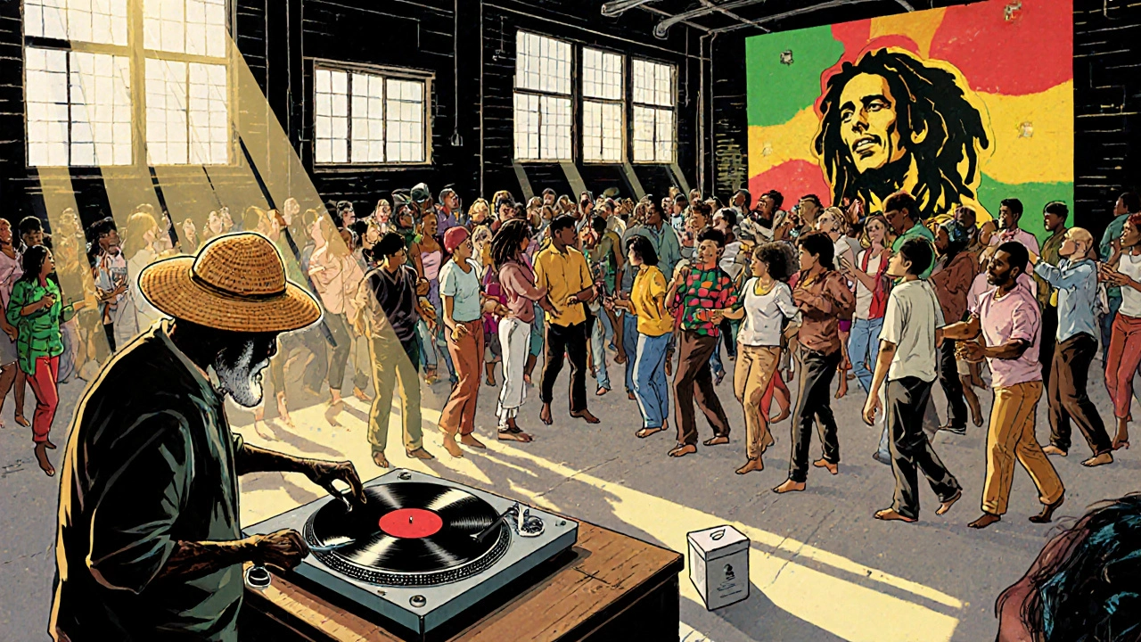 A diverse crowd dances to reggae in a Brixton warehouse, an elder DJ plays from a vintage turntable.