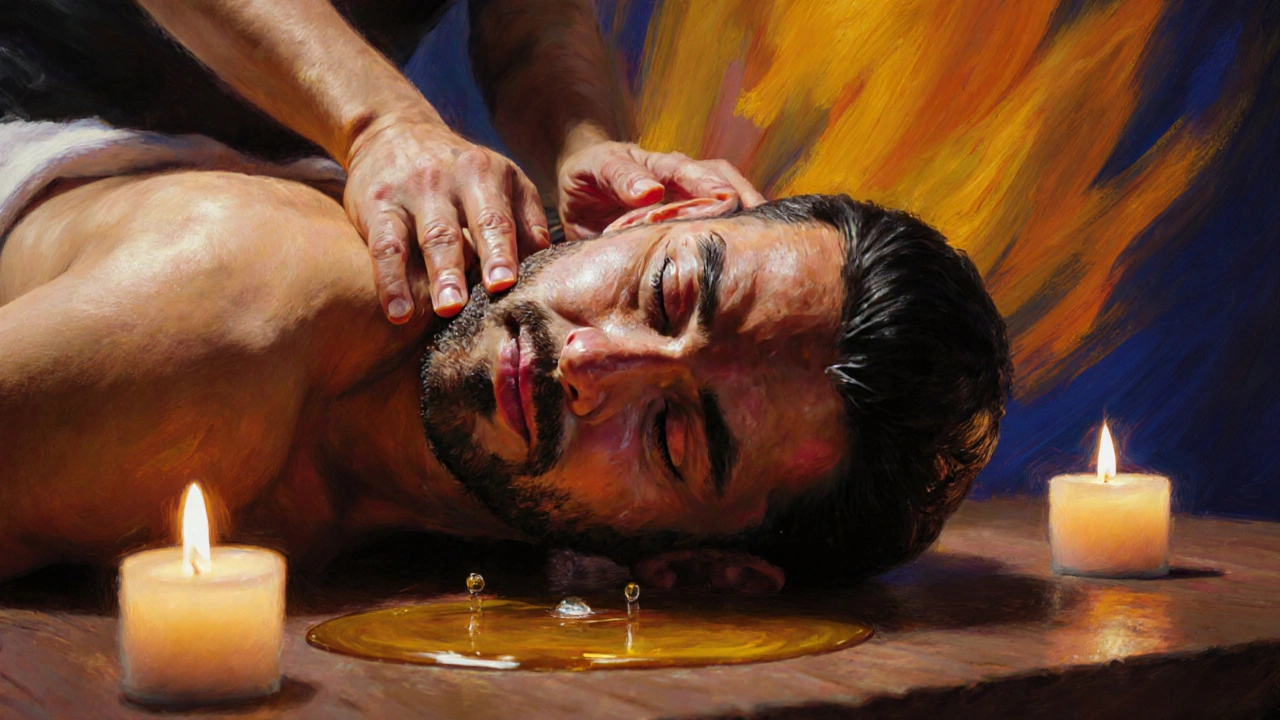 A man releases emotion during an ayurvedic massage, tears on his temple as oil glistens on his skin.