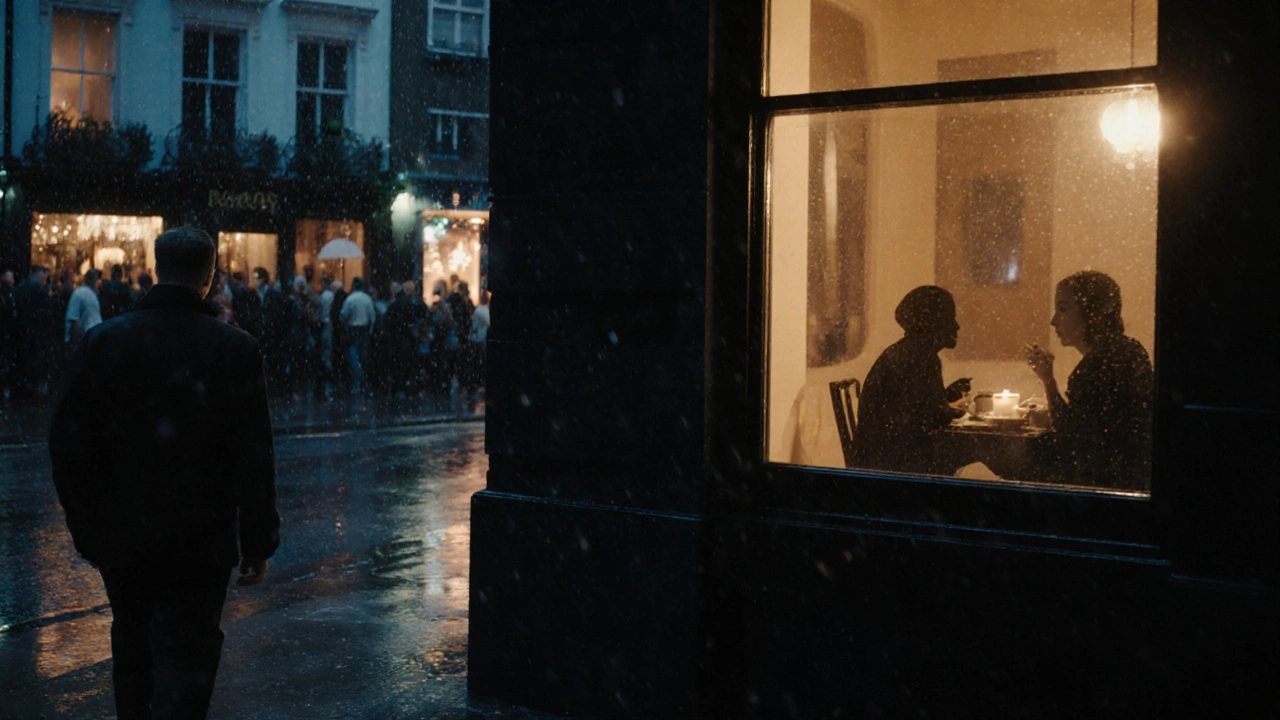 A man walks past busy clubs at night, while a warm window reveals a quiet, authentic connection inside, symbolizing real vs. fake connection.