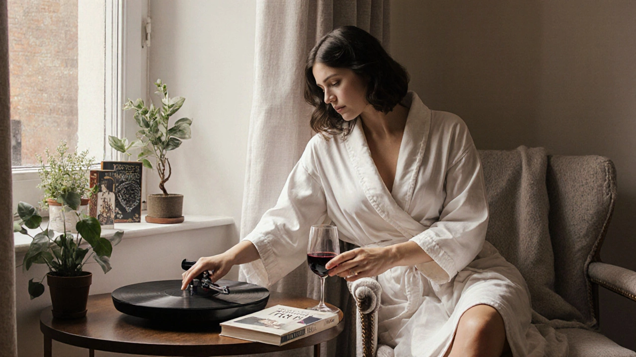 An independent escort preparing a peaceful space with a turntable, wine, and a book, natural light, personal and serene environment.