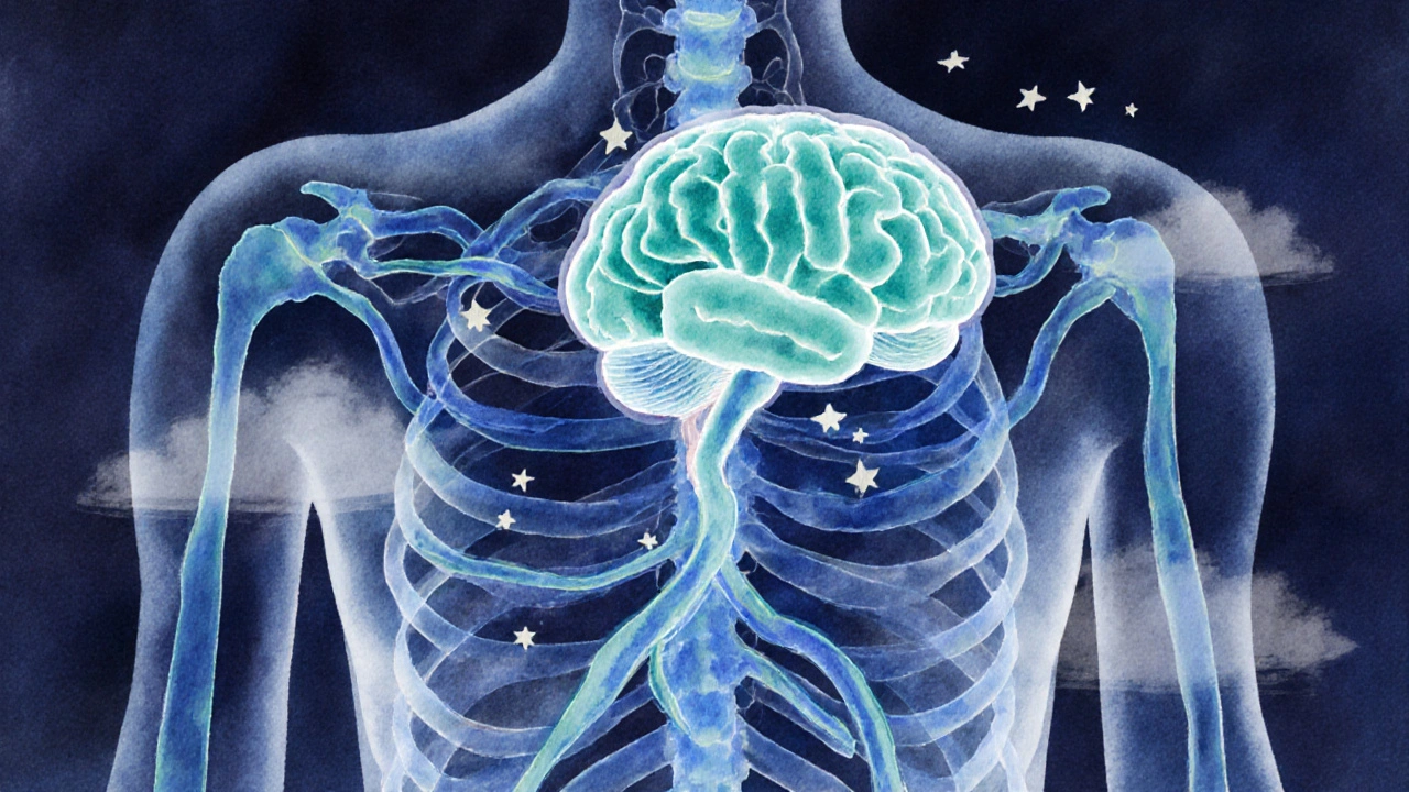 Artistic view of glowing lymphatic vessels and brain clearing waste for sleep.