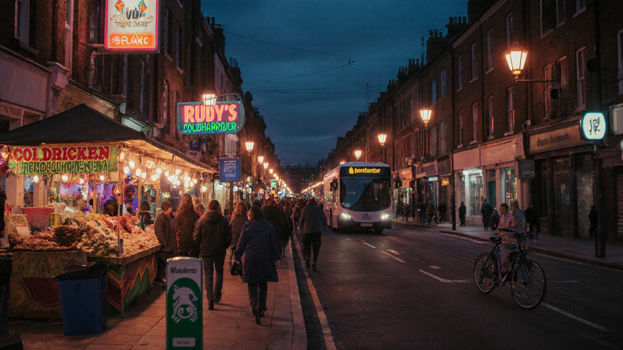 Brixton street after club night with people heading to Rudy's and illuminated stalls.