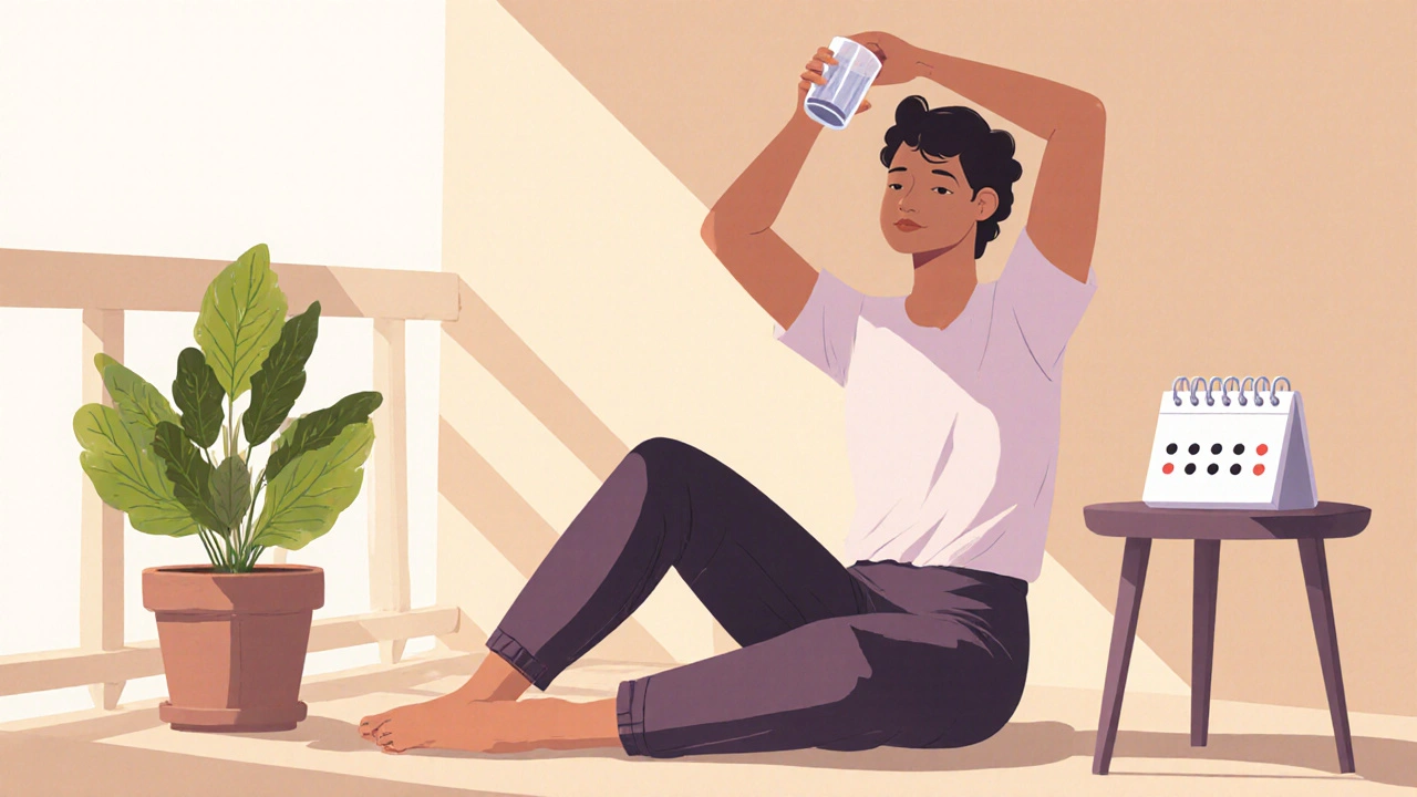 Client drinking water and stretching on a balcony, with a calendar showing weekly dots.