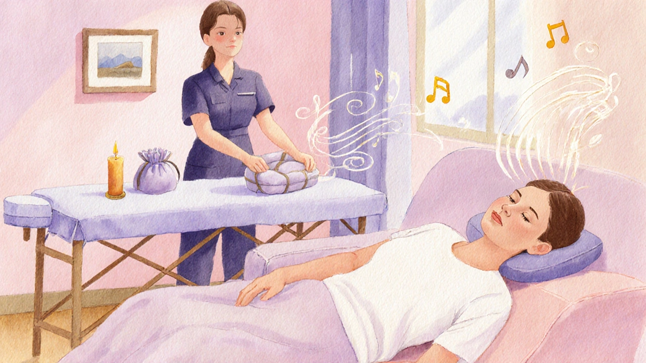 Client relaxes on a couch after a massage while therapist packs up, surrounded by warm pastel lighting.