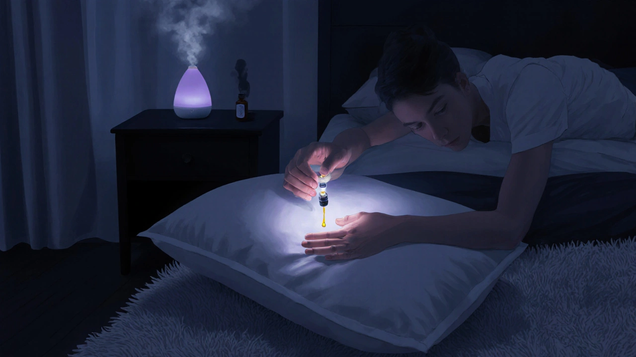 Digital illustration of a person applying essential oil to a pillow in a moonlit bedroom.