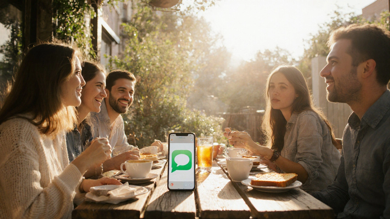 Friends enjoying brunch together after a night out, with a phone showing a chat icon.