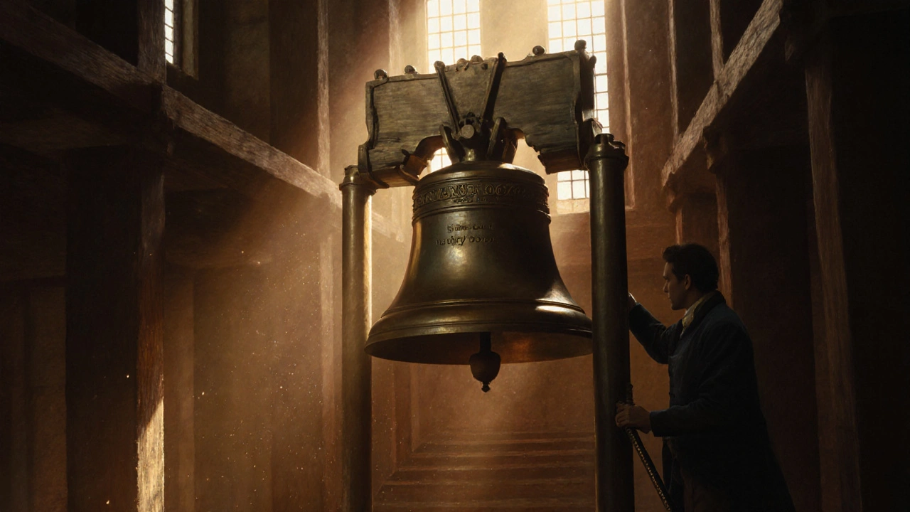 Great Paul bell hanging in the West Tower interior, illuminated by warm light, with a worker operating a winch.