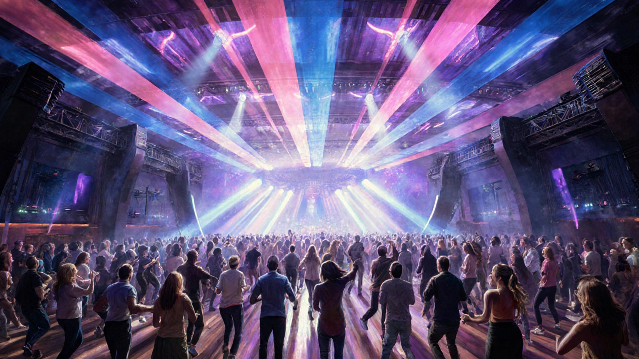 Ground‑floor dance floor with LED canopy, lasers, and dancers under vibrant lights.