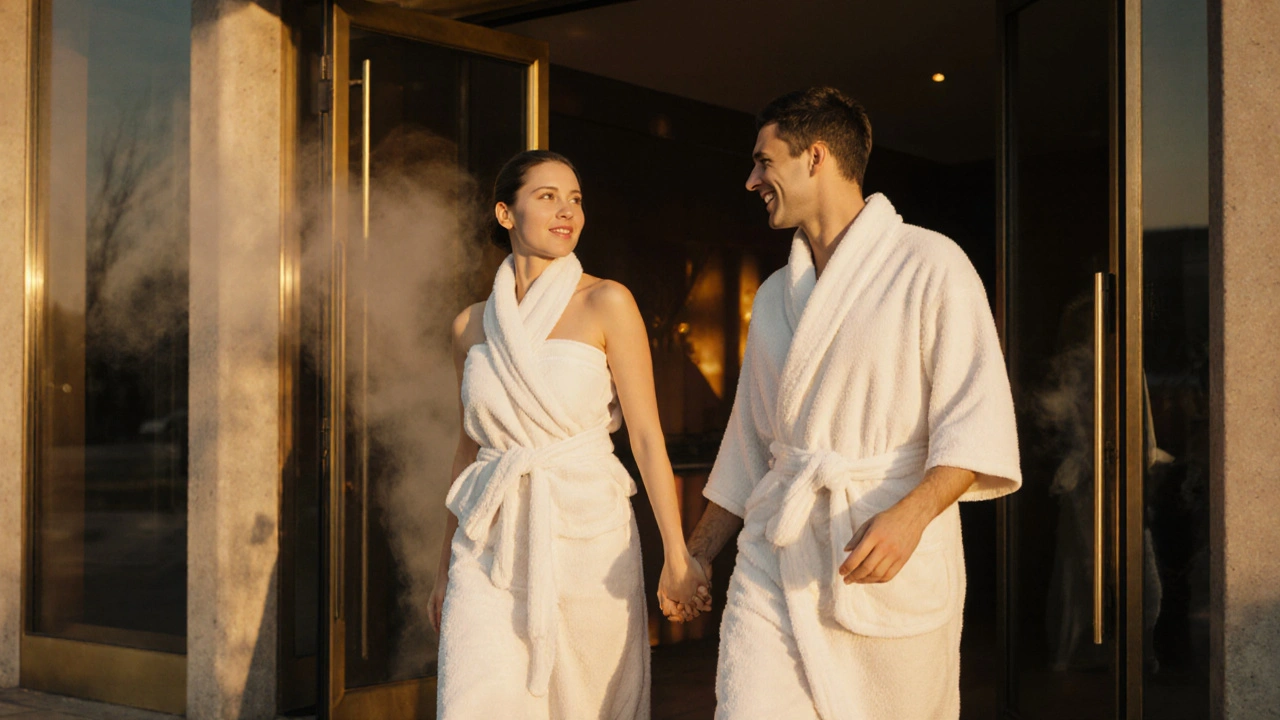 Happy couple walking out of a spa, holding hands, wrapped in towels.