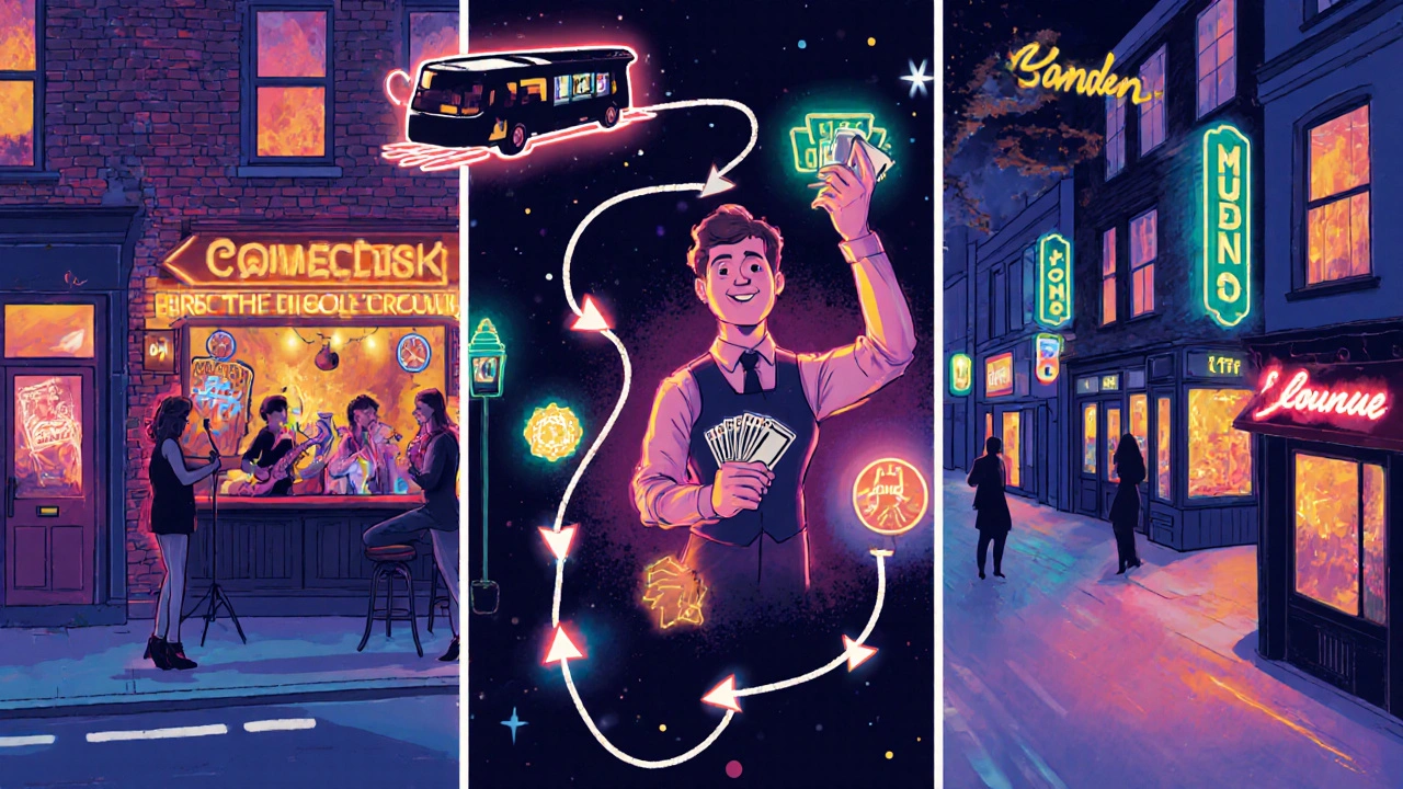 Illustrated three‑panel pub crawl route through Shoreditch, Camden, and Soho with a host holding game cards.