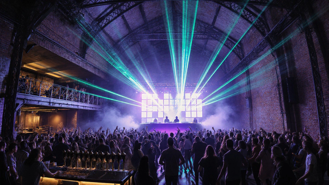 Inside the main dance hall with laser lights, DJ booth, and dancing crowd.