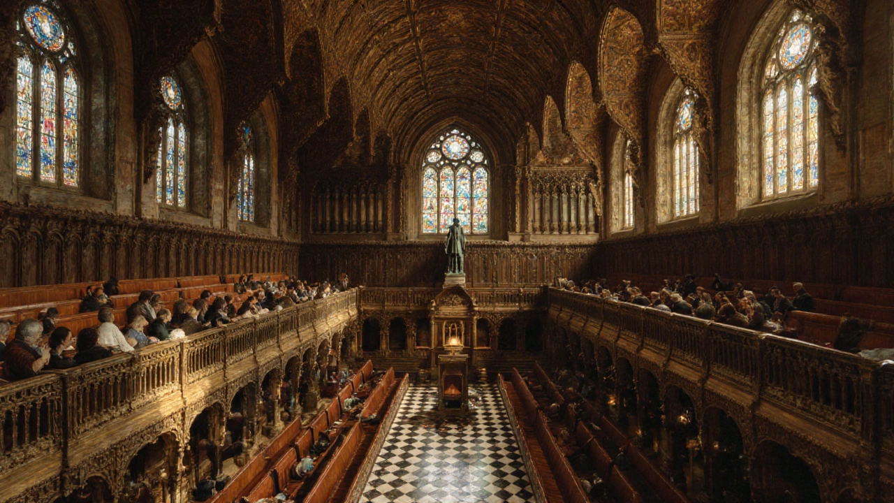 Oil painting of the House of Commons gallery showing ornate benches and stained‑glass light.