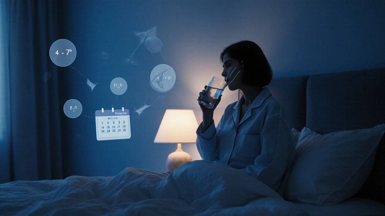 Person drinking water and breathing calmly in a cool, dim bedroom after a massage.