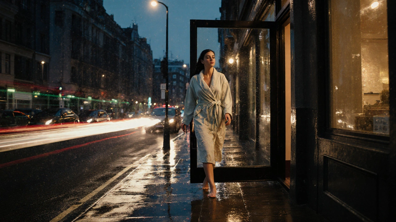 Relaxed client with glowing skin walks out of a London massage studio at dusk.