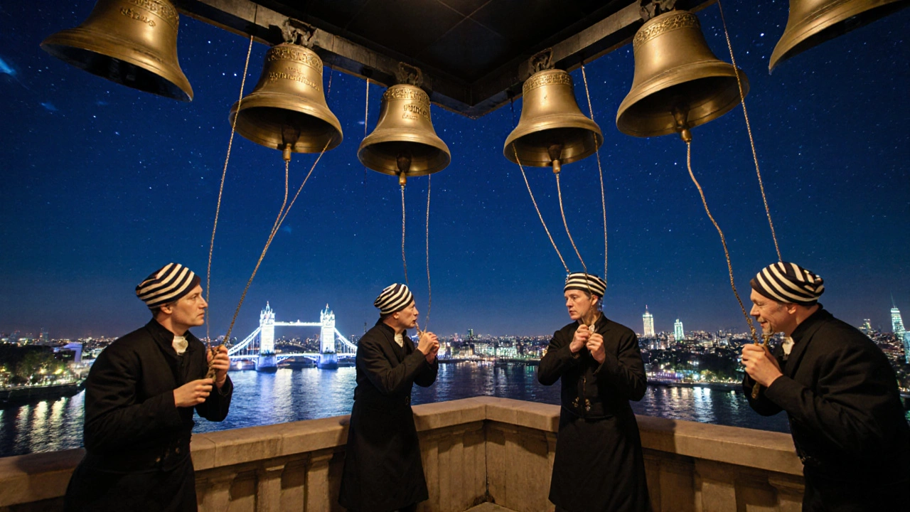 Ringers in striped tippets swing the twelve bells on the West Tower balcony under a night sky.