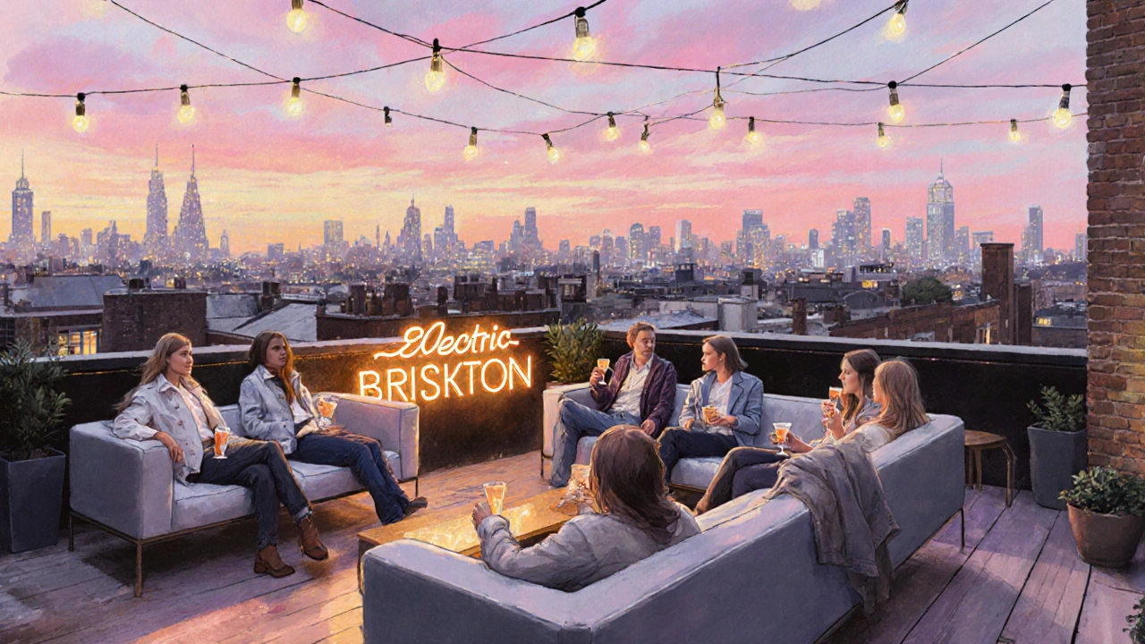 Rooftop terrace at Electric Brixton showing London's skyline and patrons enjoying drinks.