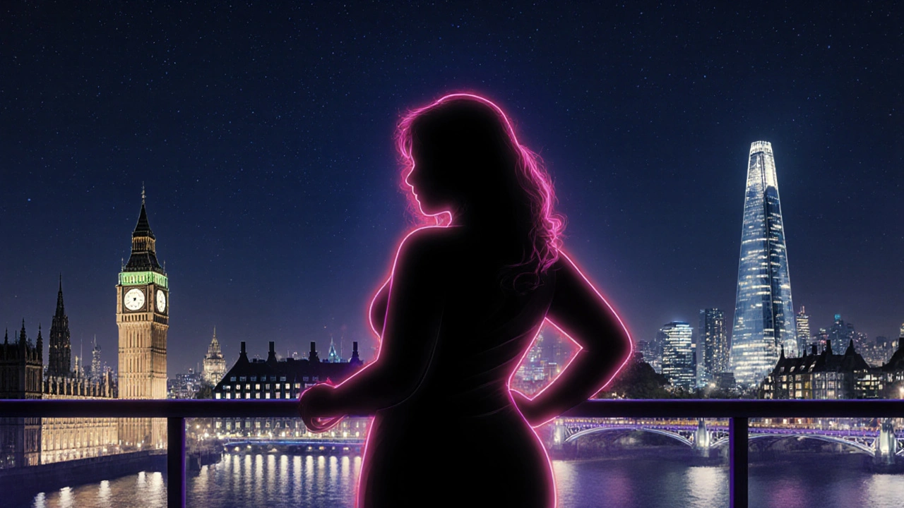 Silhouette of a curvy figure against London night skyline, conveying confident companionship.