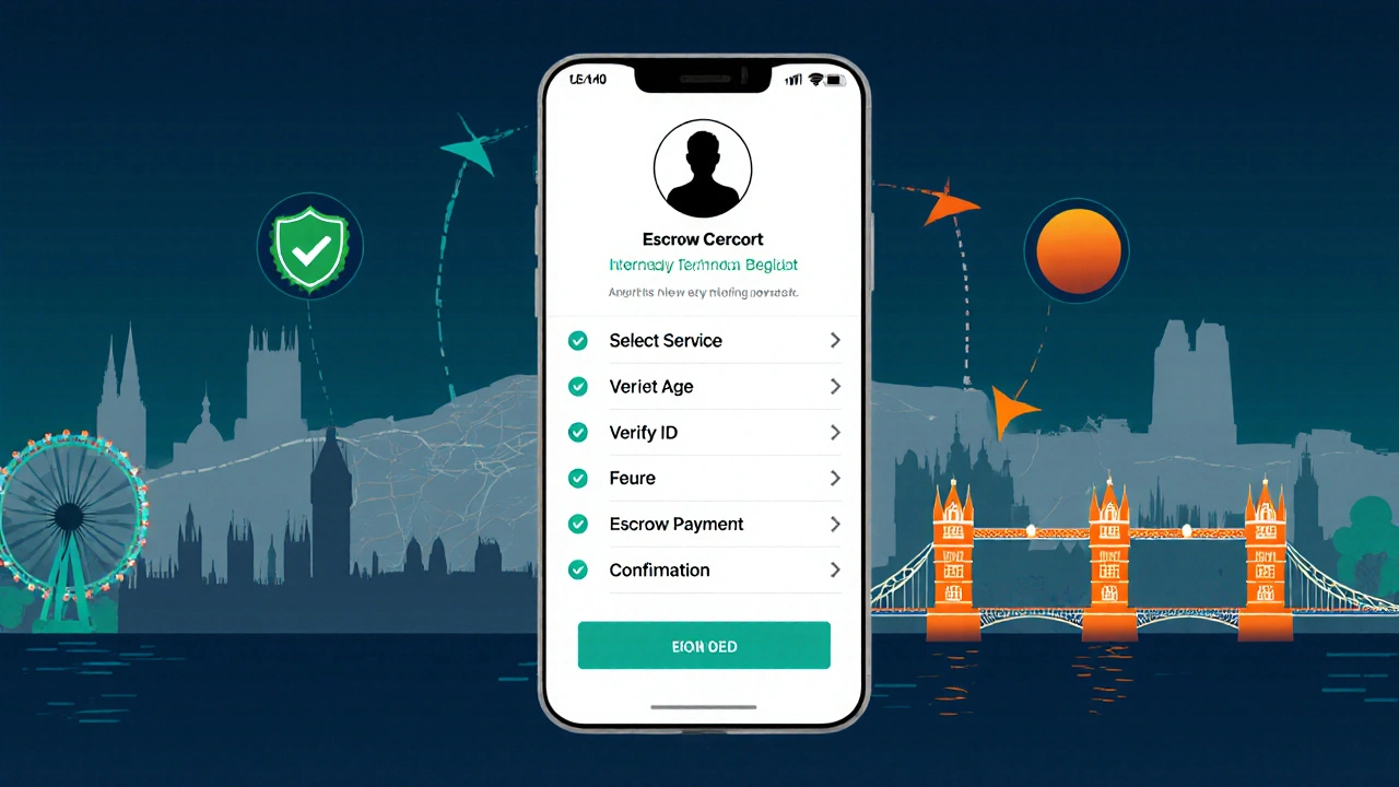 Smartphone UI displaying escrow payment and verification icons for an escort booking.