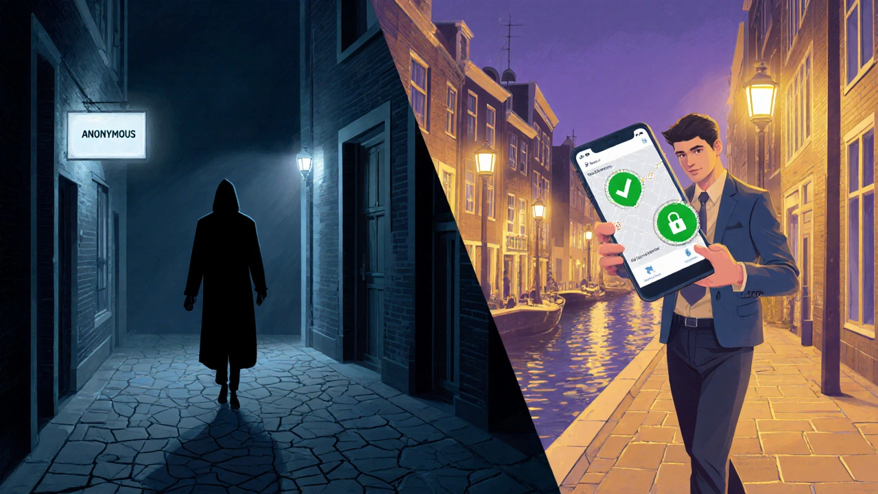 Split scene: risky alley on left, safe canal promenade with verified badge on right.