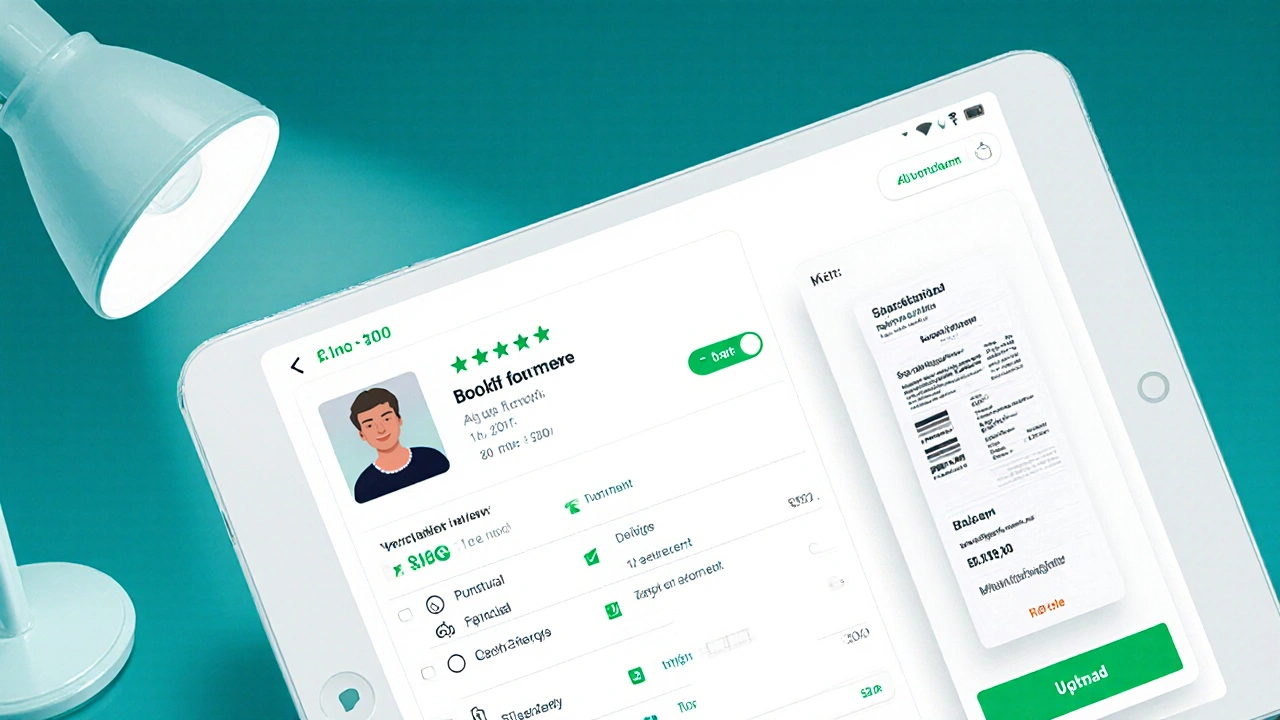 Tablet screen showing a verified review UI with green badge and price tags.
