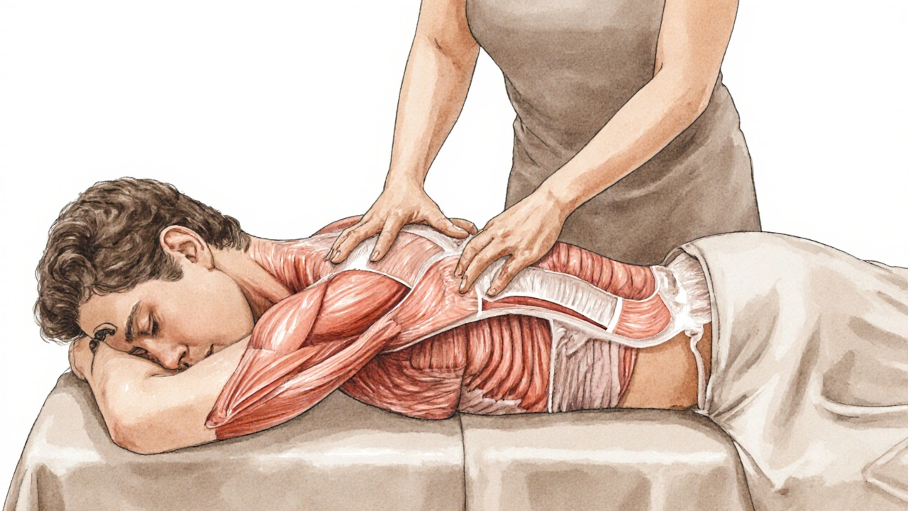 Therapist applying deep pressure on a client’s back with cutaway view of muscles and fascia.