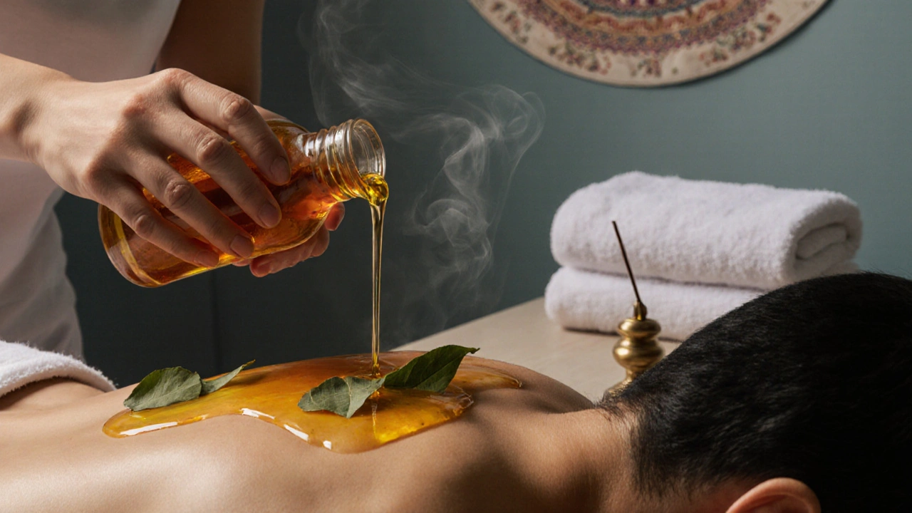 Therapist pours warm herbal oil onto a client during an Abhyanga massage.
