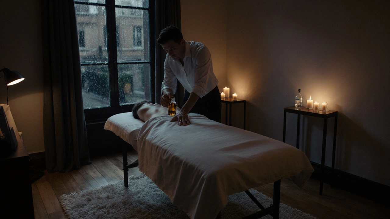 Therapist prepares a massage table in a dimly lit flat with candles and oil, creating an intimate setting.