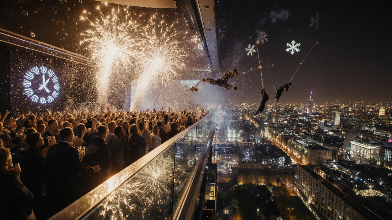 VIP terrace New Year&#039;s Eve celebration with champagne toast, fireworks, and city skyline.