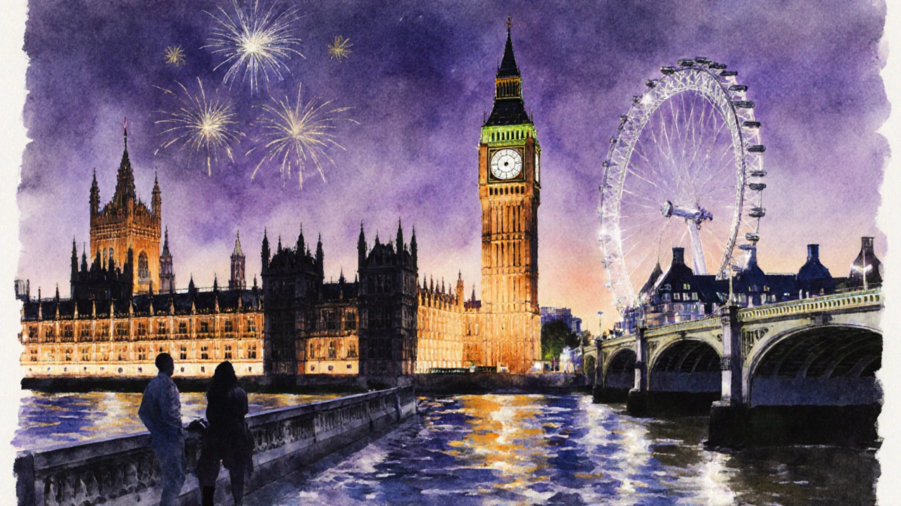 Watercolor of the illuminated tower at dusk reflected in the Thames near the London Eye.