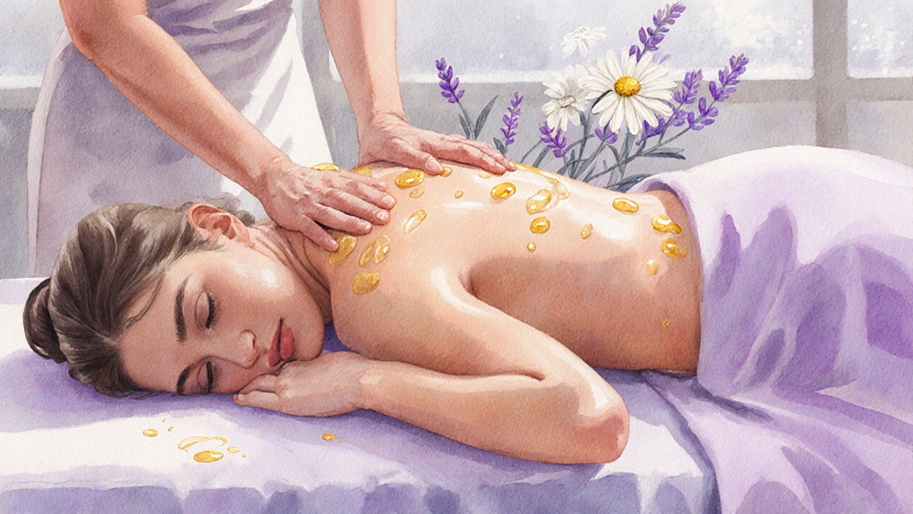 Watercolor scene of a therapist massaging a client with swirling lavender oil droplets.