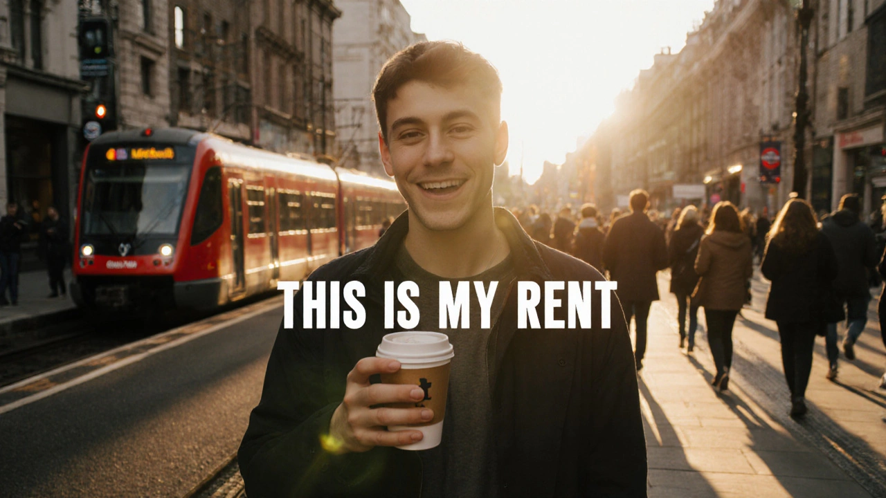 A comedian filming a TikTok skit on a Camden street with coffee in hand and commuters passing by.