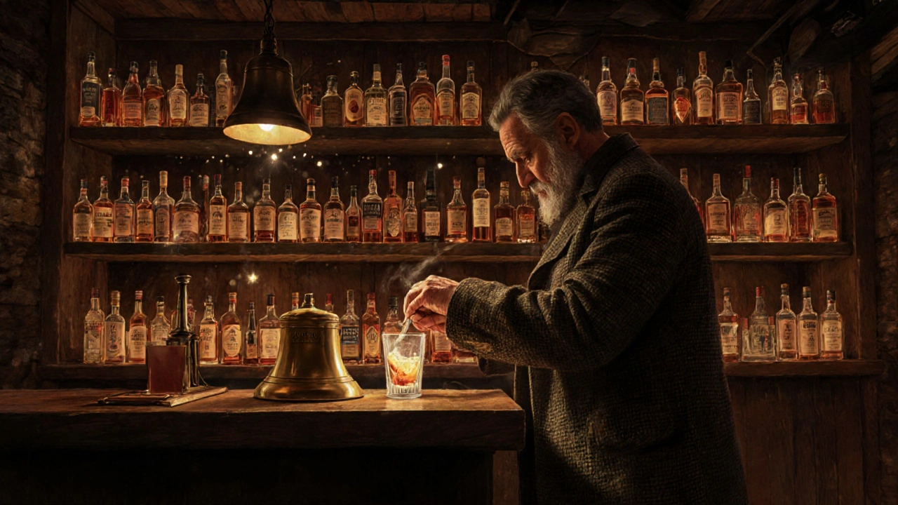 A cozy basement bar lined with hundreds of whisky bottles, a man pouring a dram by candlelight.