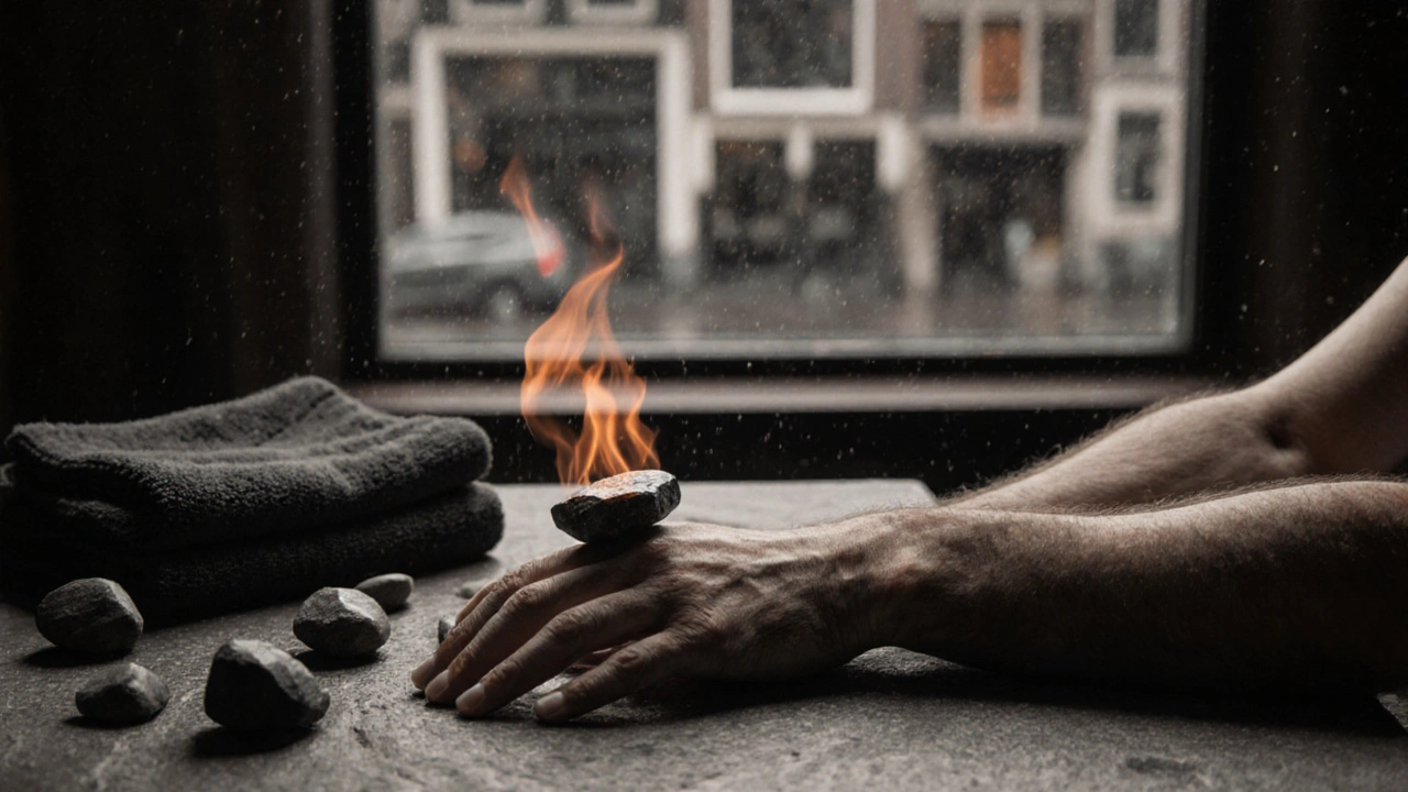 A heated basalt stone pressed against a man&#039;s wrist, radiating warmth in a serene Amsterdam massage setting.