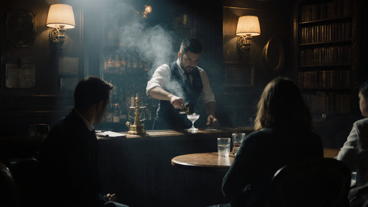 A hidden bar beneath a bookshop serving a lavender-smoke cocktail in a moody, mysterious setting.