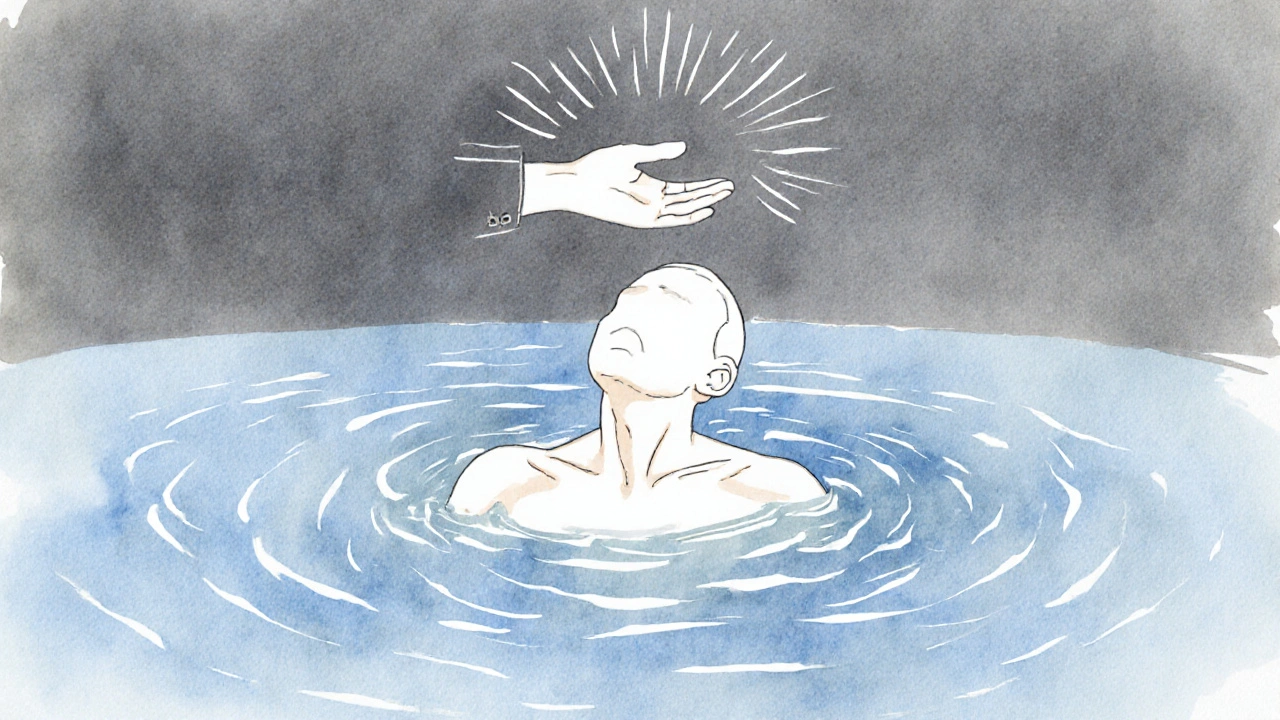 A human figure dissolving into calm waves of blue and gray, tension lines fading away as warmth radiates outward.