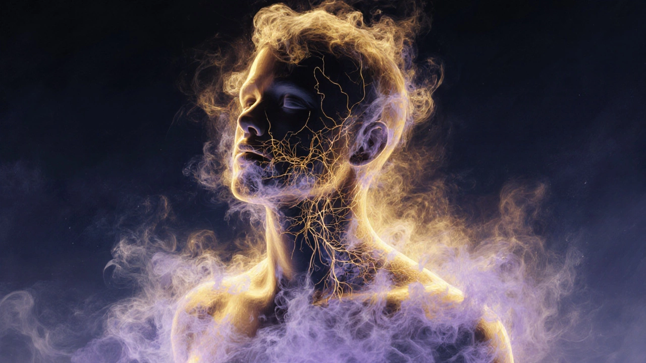 A human silhouette dissolving into golden light and lavender smoke, symbolizing stress release.