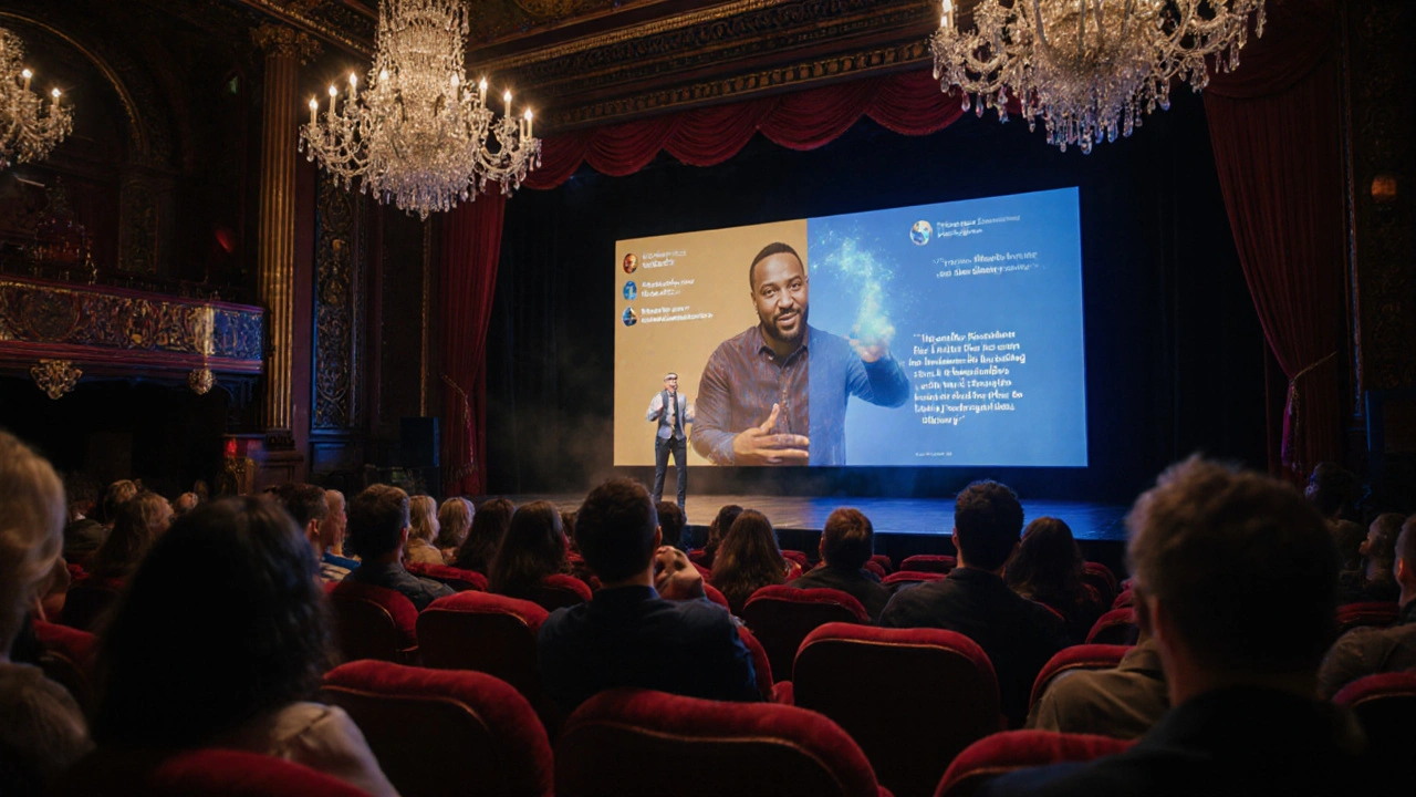 A hybrid comedy show with live audience and digital viewers on a screen, the comedian addressing both.