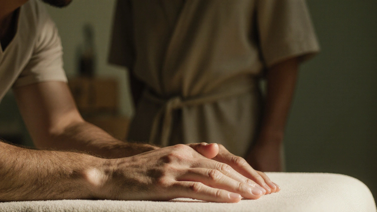 A man&#039;s hands resting on a massage table, glowing with oil, tension visible in the forearms.