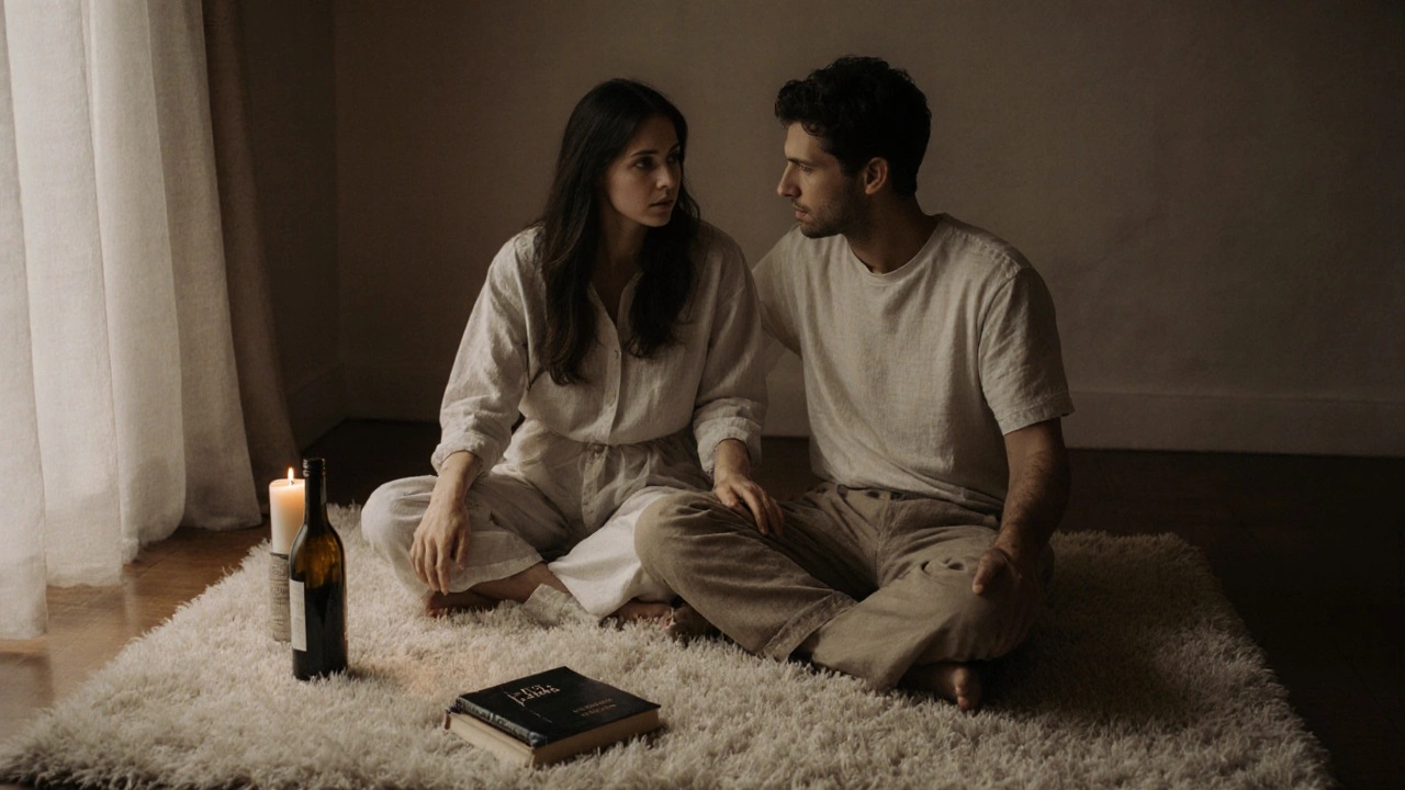 A man and woman sit in silence on a rug beside open books and wine, hands gently touching, bathed in soft candlelight and natural daylight.