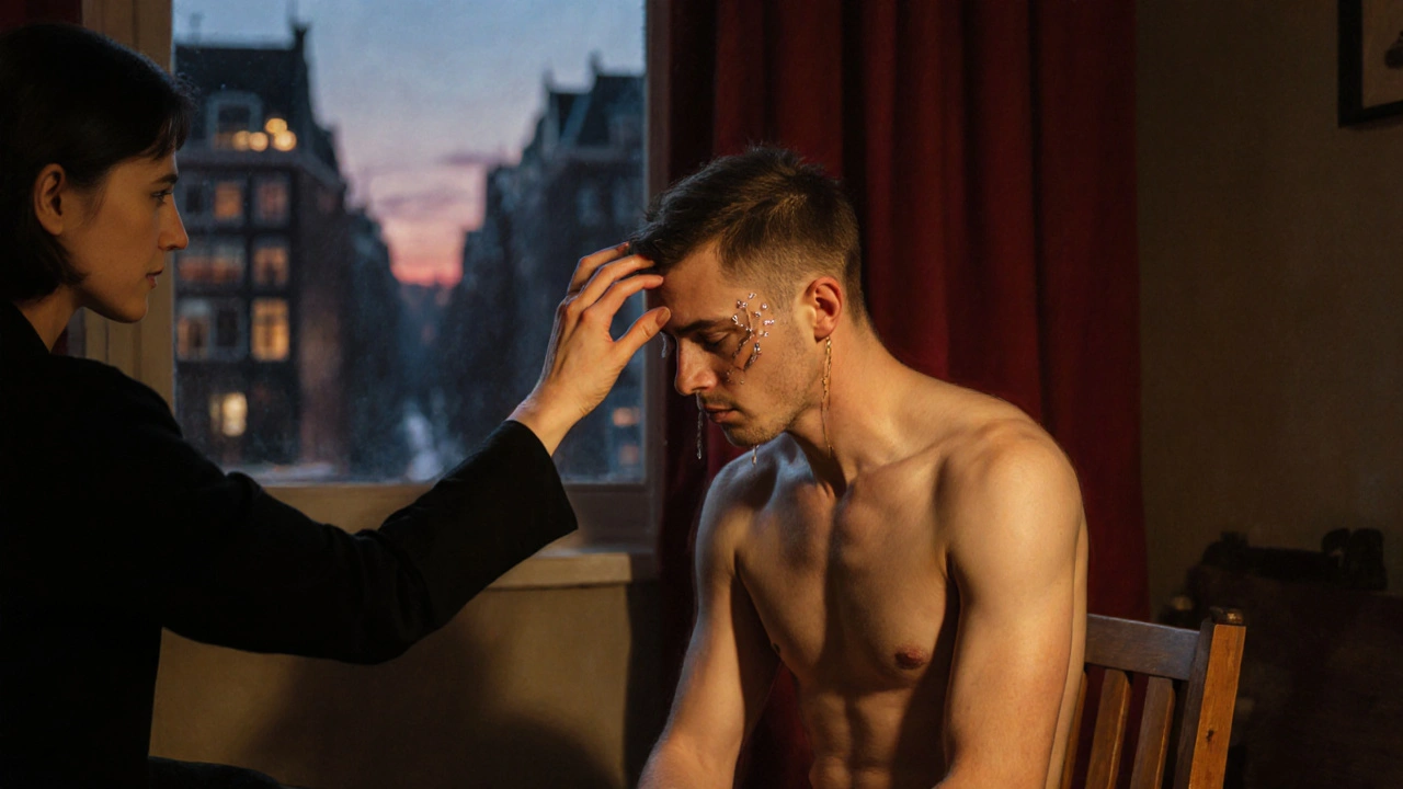 A man cries silently during a head massage, tears on his cheeks as a therapist&#039;s fingers trace his hairline.