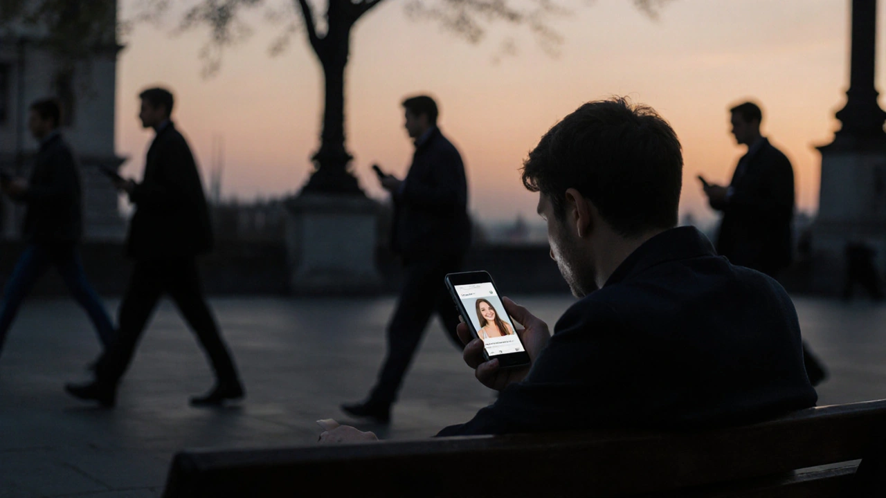A man on a London bench at dawn, his phone reflecting a verified escort profile — symbolizing loneliness and the search for genuine connection.