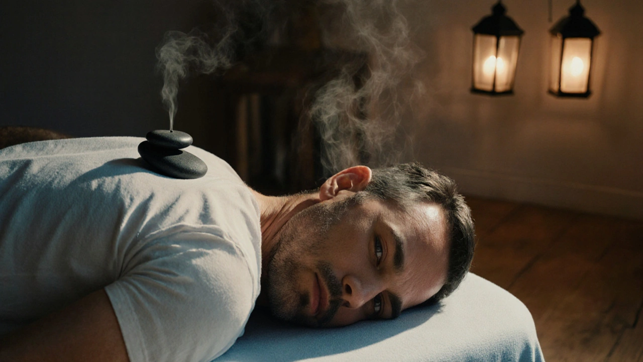 A man quietly crying during a hot stone massage, tears on his temple as heat rises from the stone.
