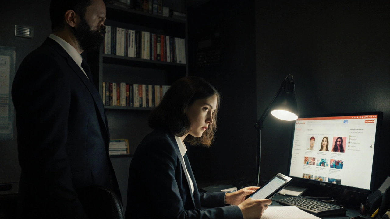 A professional escort agency office in London with screens displaying verified profiles and a client in shadow.