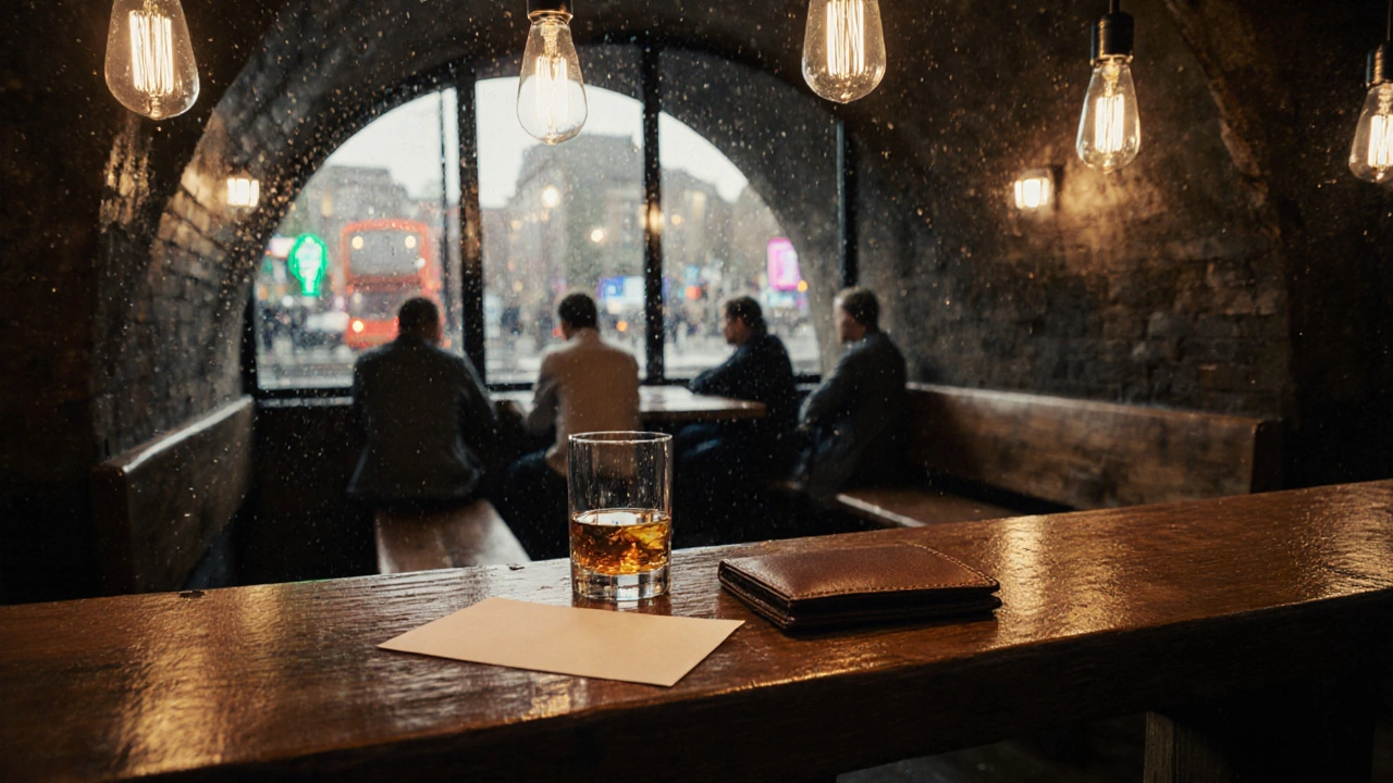 A simple wooden bar under a railway arch, a single glass of whisky beside personal items in soft light.