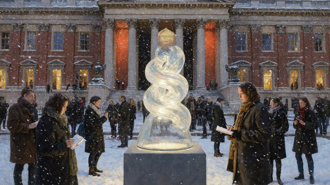 A translucent resin sculpture on the Fourth Plinth surrounded by a thoughtful crowd in winter coats.