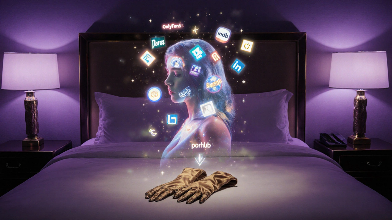 A woman&#039;s silhouette fades into glowing social media icons above a luxury bed, symbolizing digital fame and intimate performance.