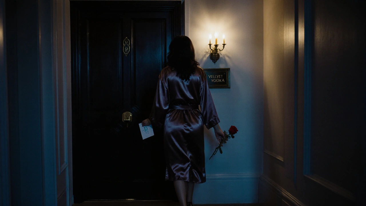 A woman walks away down a hotel hallway at night, holding a tip envelope and a rose, her silhouette softly lit.
