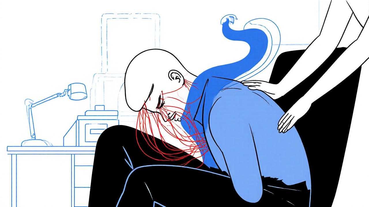 Abstract line art showing tension releasing from a man’s body as hands bring calm.